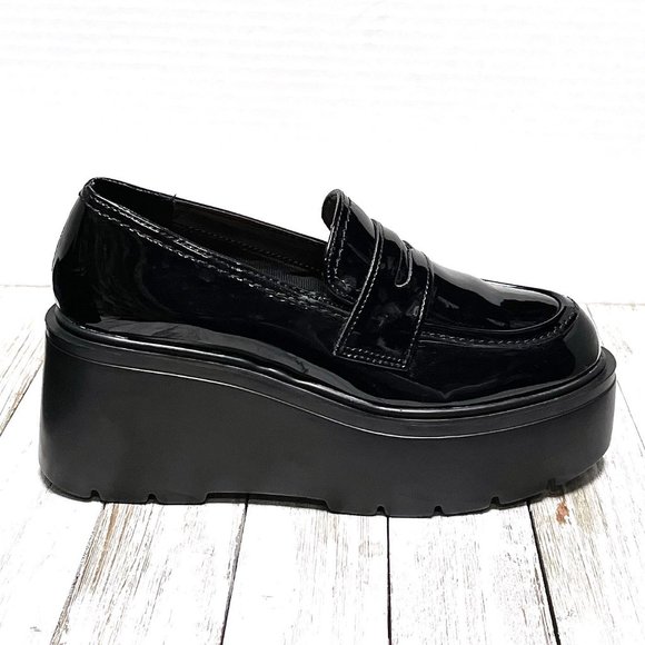 New Black Patent Platform Wedge Penny Loafers - Picture 4 of 4